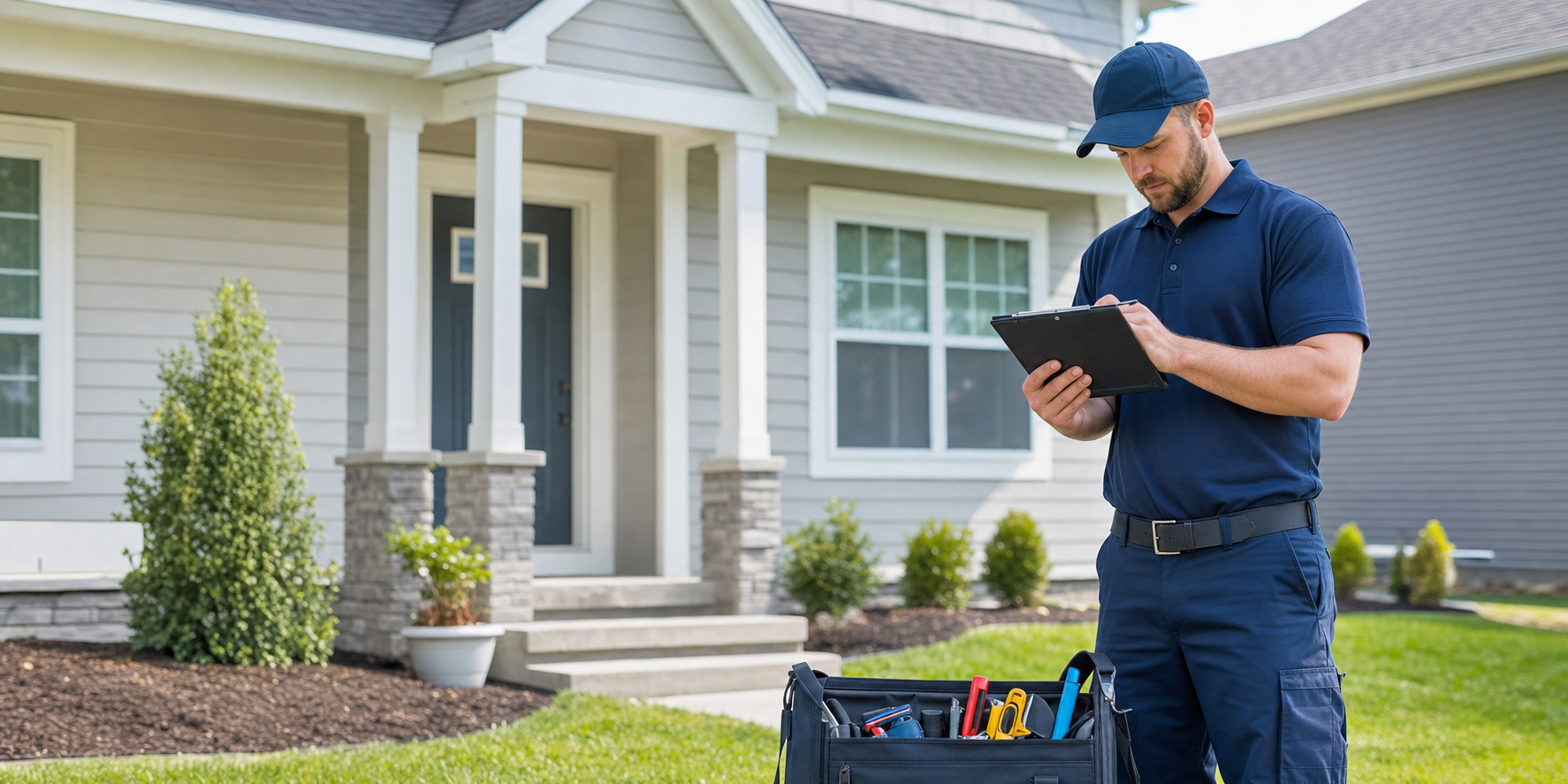 Property maintenance technician reviewing work at a rental home